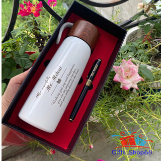 (DEAL HOT) Combo Bộ quà tặng bình nắp vân gỗ + bút ký - quà tặng văn phòng, thầy cô giáo ý nghĩa - Miễn phí khắc tên