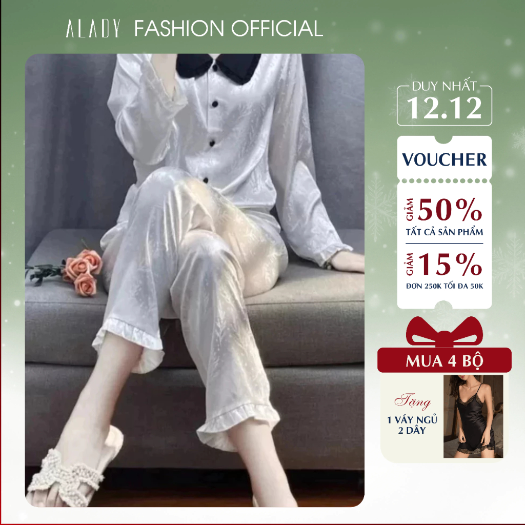 Đồ nữ Pijama ALADY lụa Latin cao cấp, sang trọng họa tiết cổ đen dài ...