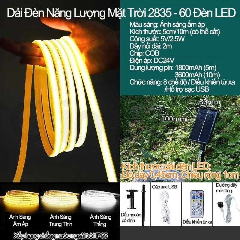 Năng Lượng Mặt Trời Đèn Led Thanh 2835 , Với Điều Khiển Từ Xa,Điều Chỉnh Độ Sáng, 3W/3600Mah, Dải Đèn Tiết Kiệm Điện