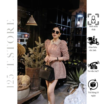 Đầm Dạ Tweed Tay Phồng Cổ Đính Đá Sang Trọng Váy Dạ Tweed Tay Phồng Tiểu Thư Thời Trang Thu Đông hàng loại 1