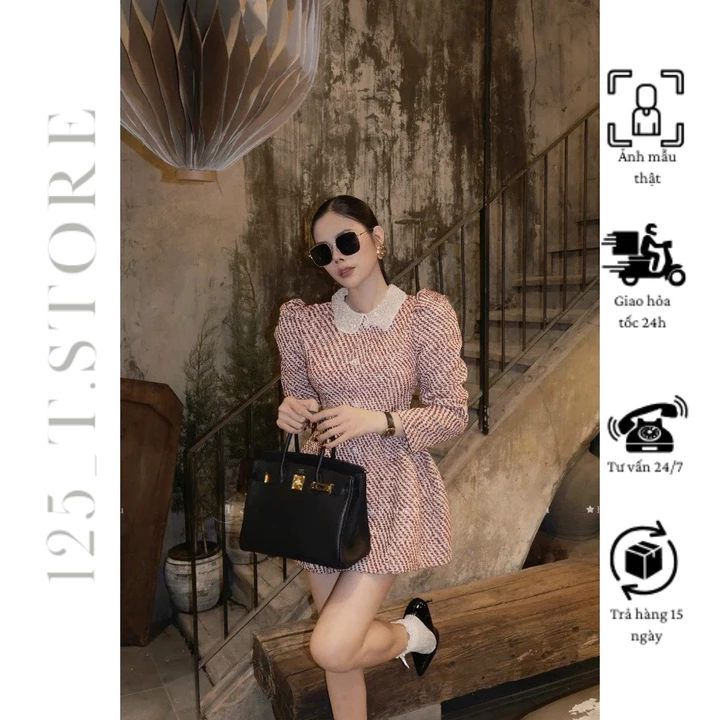 Đầm Dạ Tweed Tay Phồng Cổ Đính Đá Sang Trọng Váy Dạ Tweed Tay Phồng Tiểu Thư Thời Trang Thu Đông hàng loại 1