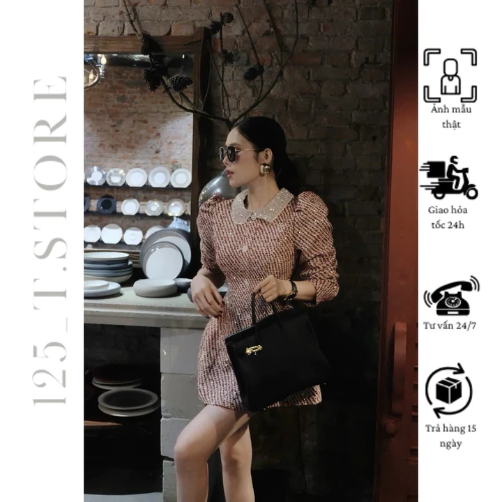 Đầm Dạ Tweed Tay Phồng Cổ Đính Đá Sang Trọng Váy Dạ Tweed Tay Phồng Tiểu Thư Thời Trang Thu Đông hàng loại 1