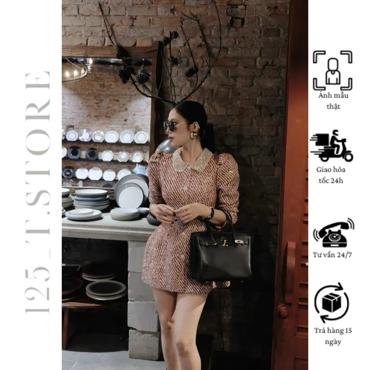 Đầm Dạ Tweed Tay Phồng Cổ Đính Đá Sang Trọng Váy Dạ Tweed Tay Phồng Tiểu Thư Thời Trang Thu Đông hàng loại 1