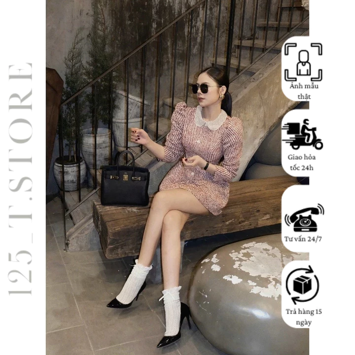 Đầm Dạ Tweed Tay Phồng Cổ Đính Đá Sang Trọng Váy Dạ Tweed Tay Phồng Tiểu Thư Thời Trang Thu Đông hàng loại 1