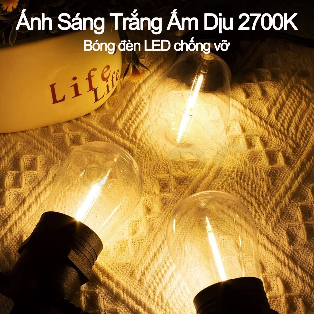 Đèn Bóng Bàn LED S14 Dài 15m 15Bóng Trang Trí Ngoài Trời Chống Nước IP65 Đèn Dây Trang Trí Sân Vườn