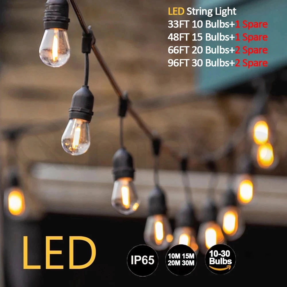 Đèn Bóng Bàn LED S14 Dài 15m 15Bóng Trang Trí Ngoài Trời Chống Nước IP65 Đèn Dây Trang Trí Sân Vườn