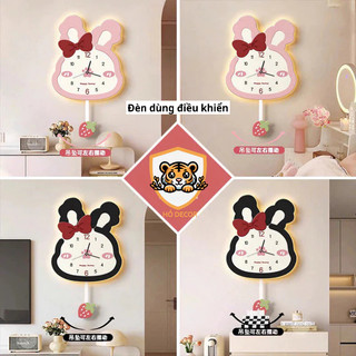 (N11) Đồng hồ thỏ nơ lắc lư không phát tiếng ồn quả dâu tây trang trí phòng ngủ bé, đồng hồ treo tường decor