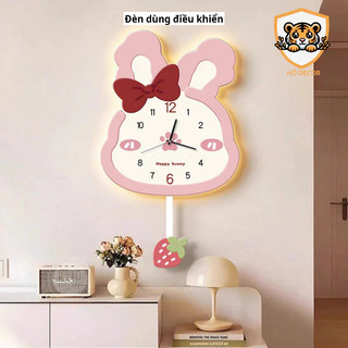 (N11) Đồng hồ thỏ nơ lắc lư không phát tiếng ồn quả dâu tây trang trí phòng ngủ bé, đồng hồ treo tường decor