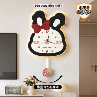 (N11) Đồng hồ thỏ nơ lắc lư không phát tiếng ồn quả dâu tây trang trí phòng ngủ bé, đồng hồ treo tường decor