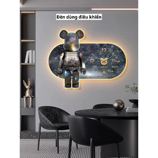 (Đèn dùng điều khiển) Tranh Kết Hợp Đồng Hồ Treo Tường Gấu BearBrick, Đồng Hồ Trang Trí Phòng Khách, Cửa Hàng, Spa