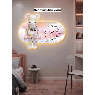 (Đèn dùng điều khiển) Tranh Kết Hợp Đồng Hồ Treo Tường Gấu BearBrick, Đồng Hồ Trang Trí Phòng Khách, Cửa Hàng, Spa