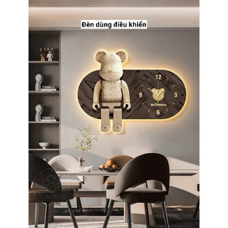 (Đèn dùng điều khiển) Tranh Kết Hợp Đồng Hồ Treo Tường Gấu BearBrick, Đồng Hồ Trang Trí Phòng Khách, Cửa Hàng, Spa