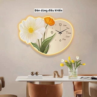 Đèn dùng điều khiển- Đồng Hồ Treo Tường Decor Hình Bông Hoa Trái Tim Tráng Gương Tráng Trí Phòng Ngủ