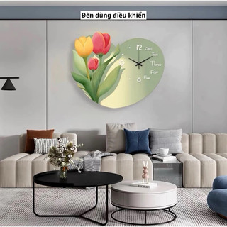 Đèn dùng điều khiển- Đồng Hồ Treo Tường Decor Hình Bông Hoa Trái Tim Tráng Gương Tráng Trí Phòng Ngủ