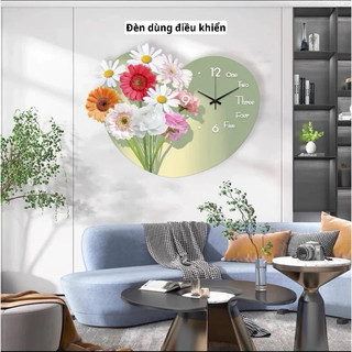 Đèn dùng điều khiển- Đồng Hồ Treo Tường Decor Hình Bông Hoa Trái Tim Tráng Gương Tráng Trí Phòng Ngủ