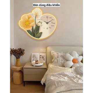 Đèn dùng điều khiển- Đồng Hồ Treo Tường Decor Hình Bông Hoa Trái Tim Tráng Gương Tráng Trí Phòng Ngủ