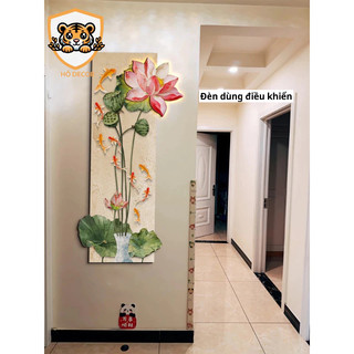 (H19)Tranh treo tường tráng gương pha lê hoa sen trang trí chín con cá, tranh treo hành lang, phòng khách, phòng ngủ