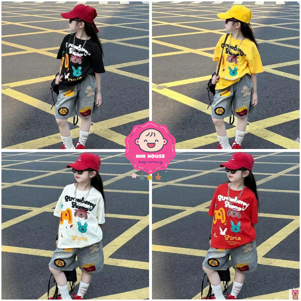 (20-55kg dưới 1m6) Set áo thun cotton in hoa tiết HOẠT HÌNH đáng yêu phối quần ngố cá tính cho bé gái - MM19