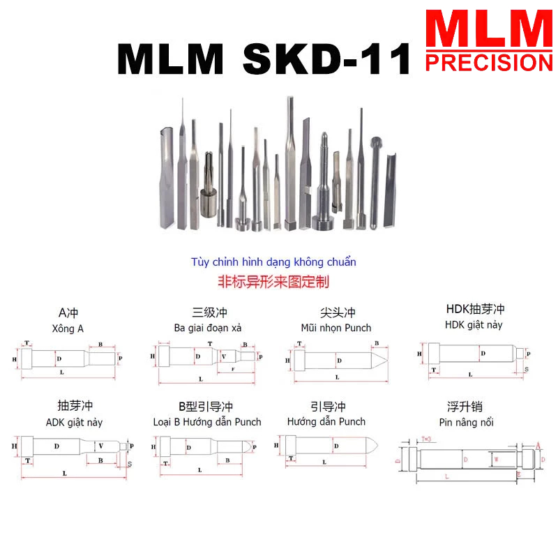 Ty đục SKD-11 - Chốt dập khuôn, chốt định vị khuôn mẫu chất lượng cao, độ cứng và độ bền vượt trội