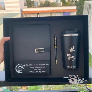 Giftset - bộ quà tặng sổ tay da + ly giữ nhiệt + bút ký - quà tặng văn phòng, thầy cô - in khắc theo yêu cầu