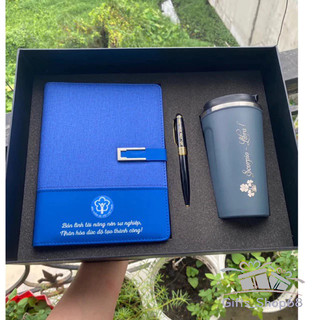 Giftset - bộ quà tặng sổ tay da + ly giữ nhiệt + bút ký - quà tặng văn phòng, thầy cô - in khắc theo yêu cầu