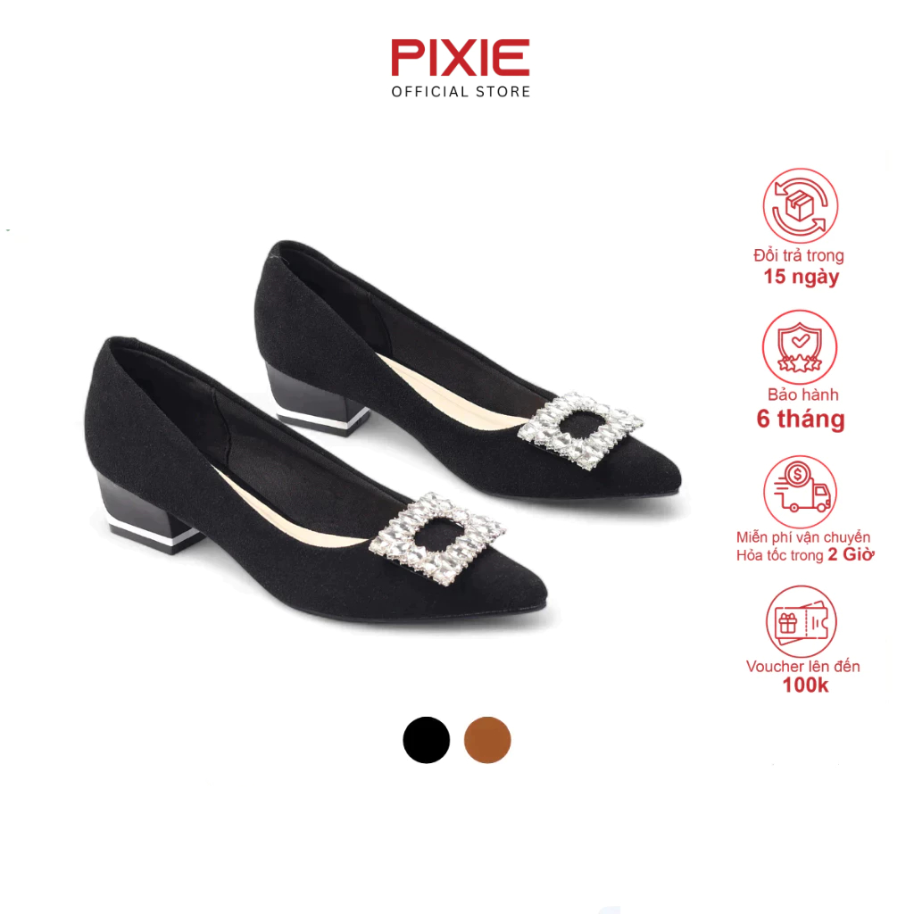 Giày Cao Gót Đế Vuông 4cm Gót Ốp Kim Loại Mũi Nhọn Phối Khóa Đính Đá Pha Lê Pixie H418