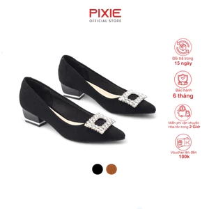 Giày Cao Gót Đế Vuông 4cm Gót Ốp Kim Loại Mũi Nhọn Phối Khóa Đính Đá Pha Lê Pixie H418