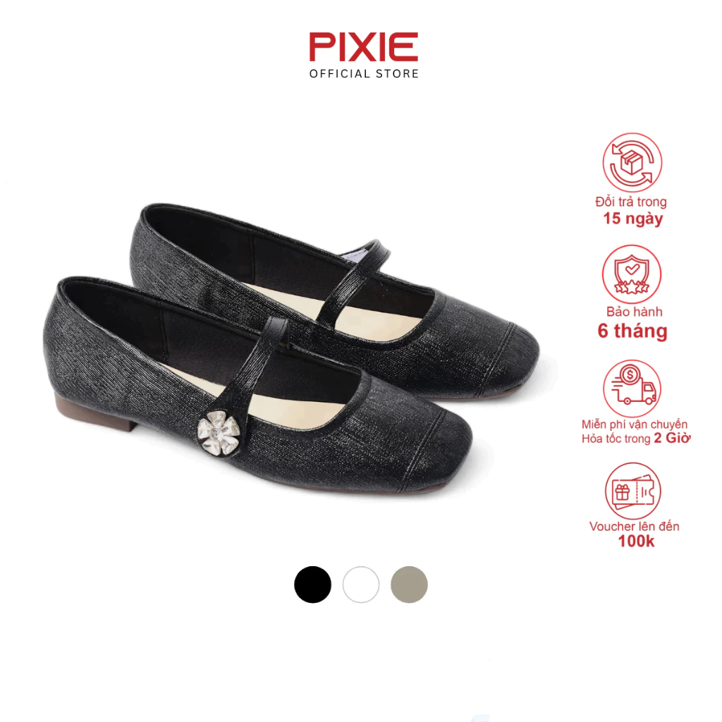 Giày Búp Bê Mũi Tròn Nữ Quai Ngang Đính Hoa Đá Sang Trọng Thời Trang Pixie H415