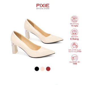 Giày Cao Gót 7cm Da Bóng Đế Vuông Thon Phối Mica Pixie X554