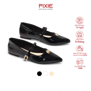 Giày Búp Bê Nữ Đế Bệt Quai Ngang Mũi Nhọn Đính Hoa Da Bóng Pixie H399