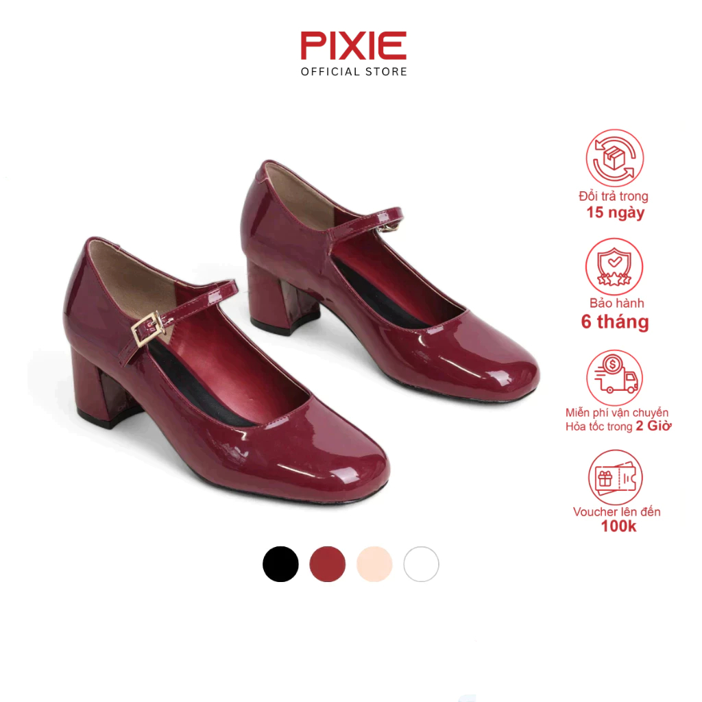 Giày Mary Jane 5cm Da Bóng Mũi Vuông Sành Điệu Pixie H386
