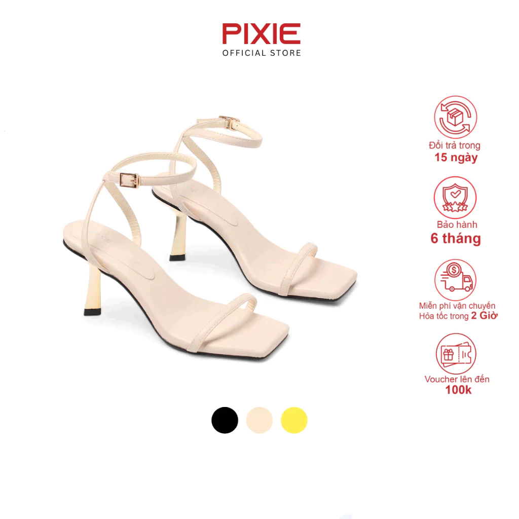 Giày Sandal Nữ Cao Gót 7cm Quai Mảnh Gót Vàng Mũi Vuông Hở Ngón Thời Trang Pixie H407