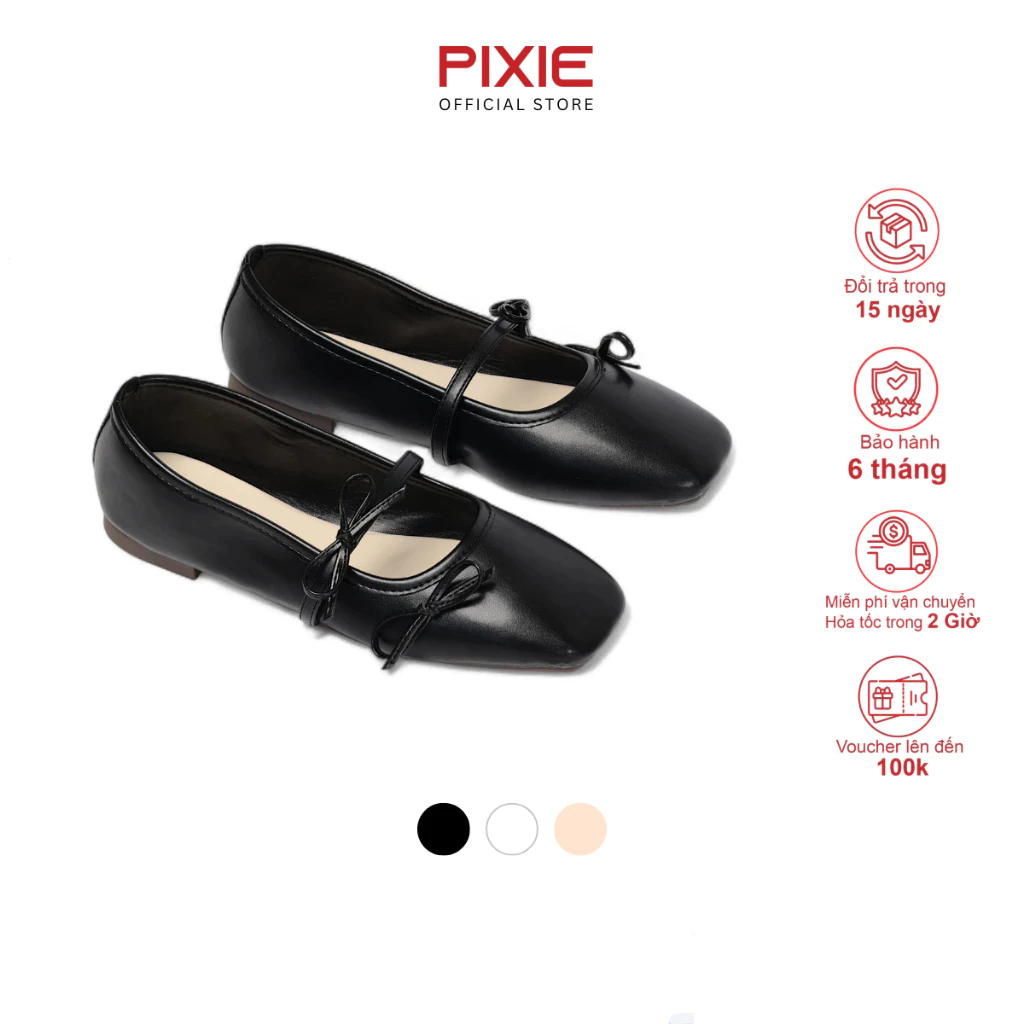 Giày Búp Bê Bệt Mũi Vuông Quai 2 Nơ Thanh Lịch Thời Trang Pixie H406