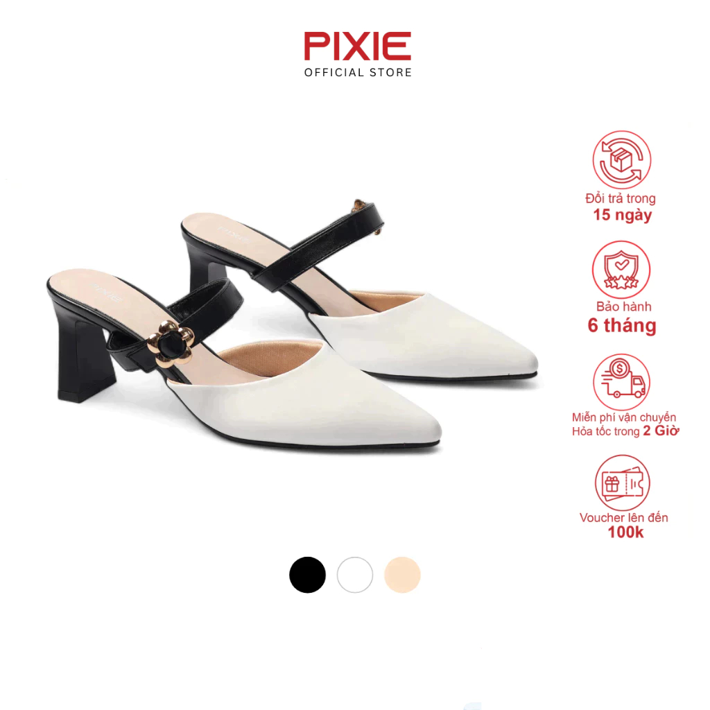 [Form nhỏ] Giày Sục Cao Gót 6cm Quai Ngang Phối Khóa Pixie H104