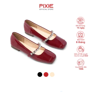 Giày Búp Bê Nữ Đế Bệt Quai Ngang Đính Đá Da Bóng Thời Trang Pixie H397