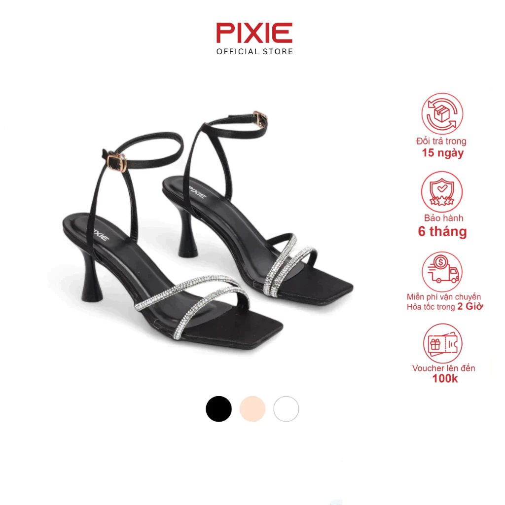 Giày Sandal Cao Gót 7cm Quai Đính Đá Mũi Vuông Pixie H403