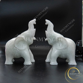 Cặp voi đá trắng non nước tự nhiên nguyên khối cao 20cm HANMYNGHE