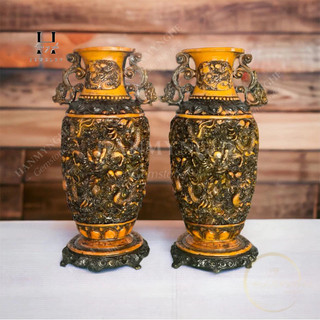 Cặp lục bình chạm cửu long tranh châu cao 35 cm bột đá đúc HANMYNGHE