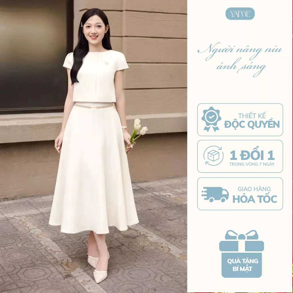 Set Nữ Thiết Kế YAME Công Sở Màu Kem Áo Dáng Crop Tay Hến Chân Váy Dài Bổ Xòe Đổ Có Túi - Luna YS747