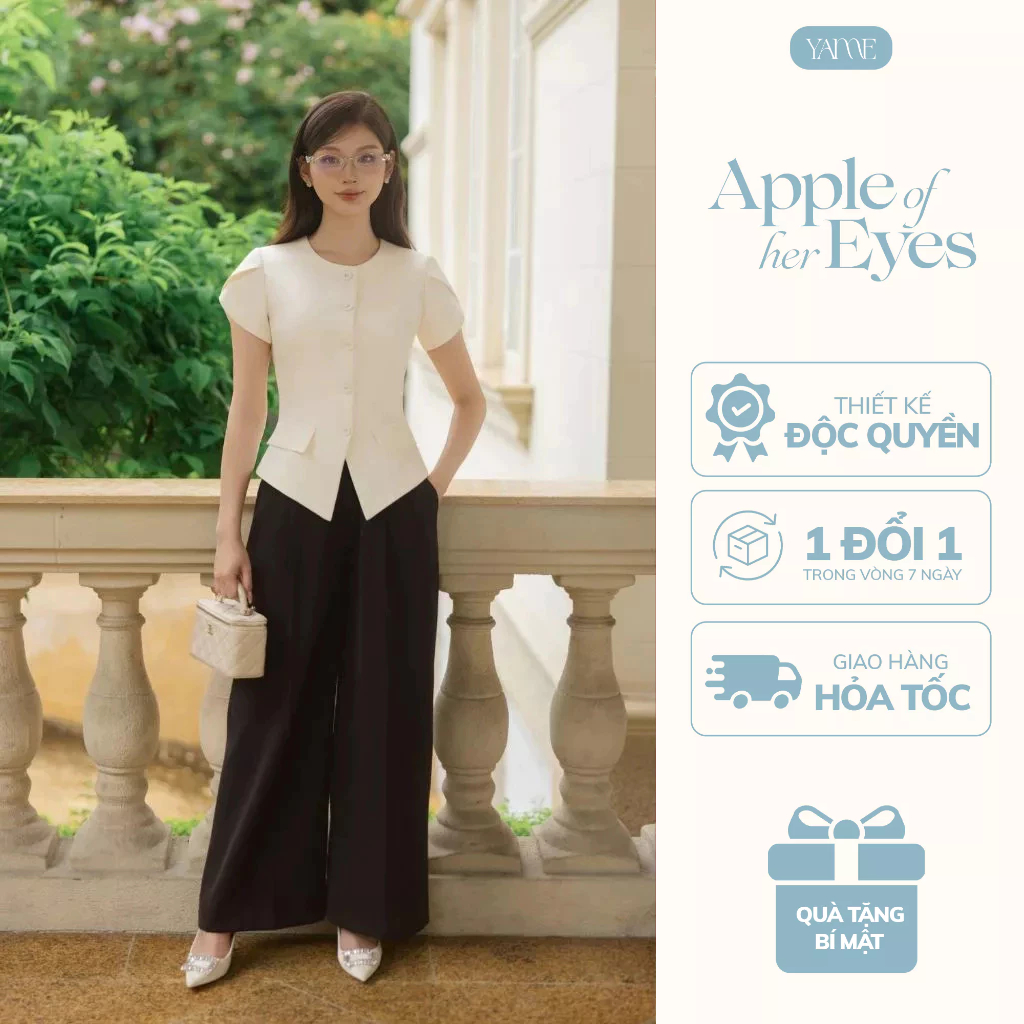 Set Thiết Kế Nữ YAME Áo Kem Cổ Tròn Cộc Tay Cách Điệu & Quần Suông Đen Dài - Amber YA717 Diana YQ718