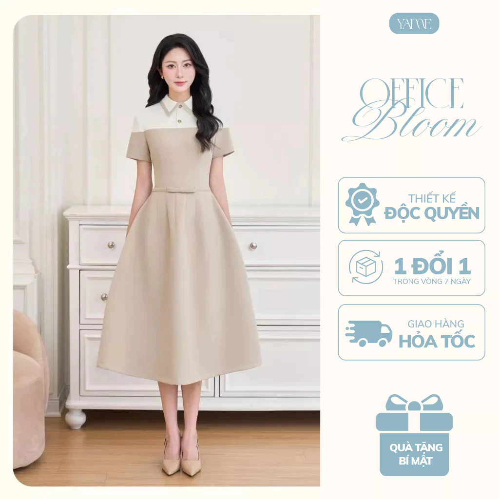 Váy Đầm Thiết Kế Nữ YAME Cổ Sơ Mi Ngắn Tay Chiết Eo Nơ Dáng Bồng Dài Trắng Phối Nâu Sữa Thanh Lịch Công Sở - Vera YV687