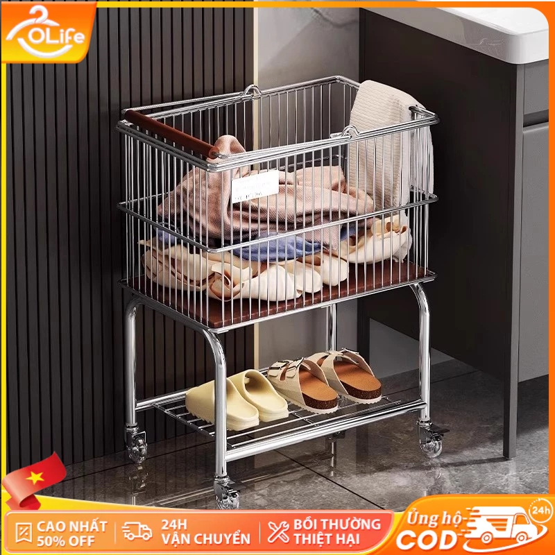 Giỏ Đựng Quần Áo Cổ Điển Xe Đẩy Thẩm Mỹ Giỏ Inox Quần Áo Đa Năng Phòng Tắm Giỏ Đựng Quần Áo 2 Lớp Có Thể Tháo Rời