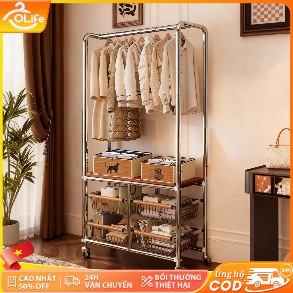 𝐎𝐥𝐢𝐟𝐞Giá Treo Quần Áo Cao Cấp Kệ Treo Quần Áo Có Bánh Xe Móc Treo Quần Áo Phong Cách Cổ Điển Đi Kèm Với Ngăn Kéo Giỏ