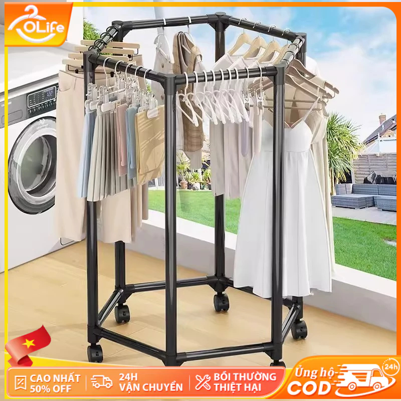 𝐎𝐥𝐢𝐟𝐞 Giá Treo Quần Áo Xoay Hình Lục Giác 360° Có Bánh Xe Cây Treo Quần Áo Ban CôngPhòng Ngủ ĐaNăng