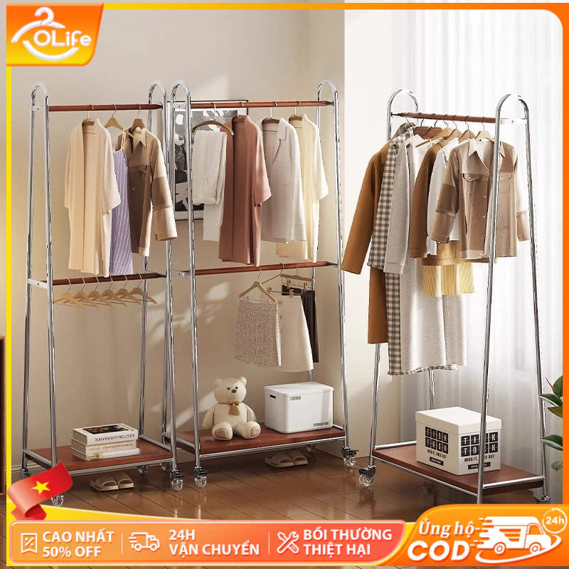 𝐎𝐥𝐢𝐟𝐞Giá Treo Quần Áo Cao Cấp Phong Cách Cổ Điển Kệ Treo Quần Áo Có Bánh Xe Mẫu Mới Sào Phơi Quần Áo 2 Lớp