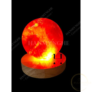 Quả Bi cầu phong thủy đá núi lửa Đỏ  9-10cm  tặng đế gỗ có đèn