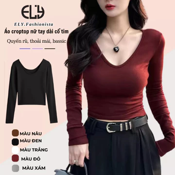 Áo croptop nữ tay dài cổ tim ELY chất cotton dẻo cao cấp áo thun nữ kiểu sexy ôm body đẹp ELY290