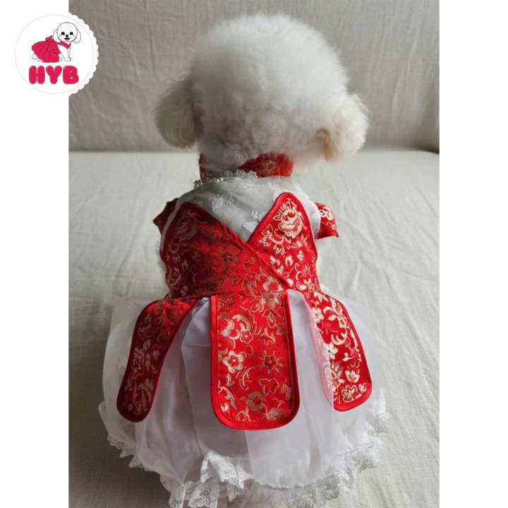 Áo dài Tết gấm đỏ phối ren cho chó mèo 3KG - 6.5KG - Áo dài Tết chó mèo - Đồ Tết chó mèo - Váy đầm công chúa cho chó mèo