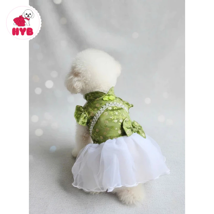 Váy đầm công chúa cho chó mèo gấm xanh bèo công chúa 3kg-6,5kg - Áo dài Tết Đồ Tết cho chó mèo