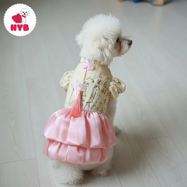 Váy Sườn Xám Cách Tân hồng tơ Thư Pháp cho chó mèo 3kg-6,5kg - Áo dài Tết Đồ Tết váy đầm chó mèo